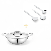 FnS Trinity Stainless Steel Serving Tools Set of 3 and NuChef Triply Kadai/Kadhai 22 cm Combo 3-Ply Cookware Pot with Gravy Ladle, Solid Turner & Skimmer Turner, Induction & Gas Compatible Kitchen Combo